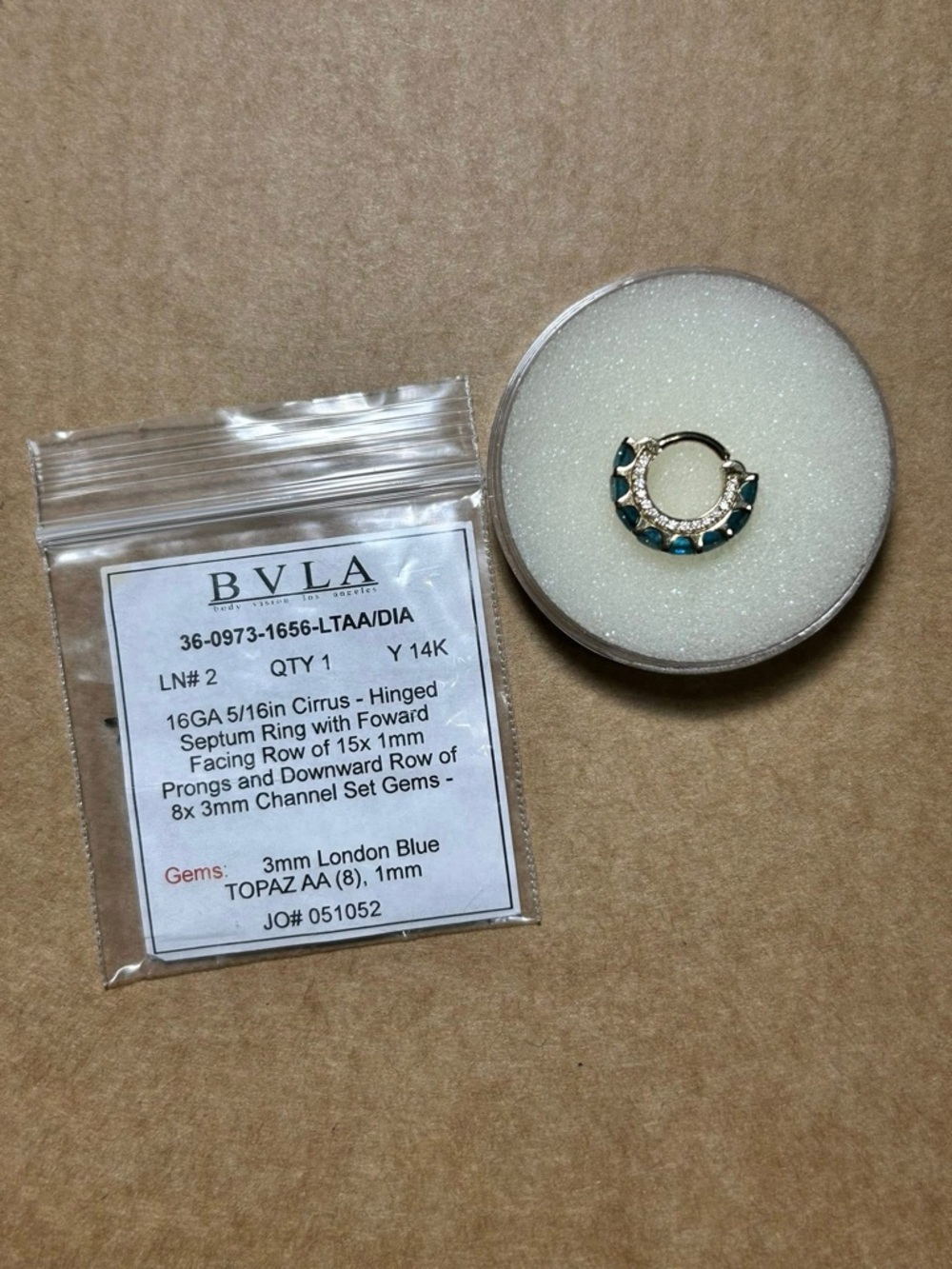 14K Gold Hinged Septum Ring with London Blue Topaz